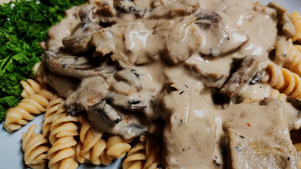 seitan mushroom stroganoff vegan easy plant based creamy delicious fast quick chickpea noodles protein antioxidants